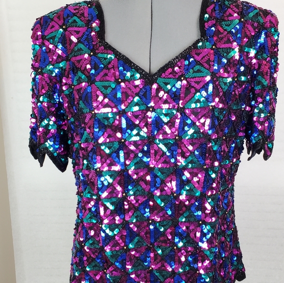 LAST CHANCE Vtg Laurence Kazar | L | 100% silk sequin v-neck - Picture 4 of 10